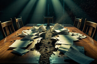 Broken wooden family table split in half with torn legal documents in an empty courtroom with abandoned chairs