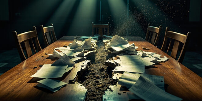 Broken wooden family table split in half with torn legal documents in an empty courtroom with abandoned chairs