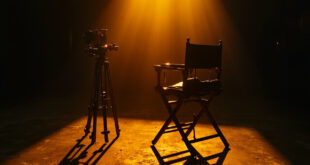 Empty director's chair beside vintage film camera on movie set with dramatic lighting