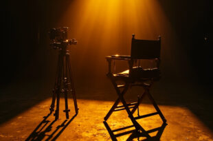 Empty director's chair beside vintage film camera on movie set with dramatic lighting