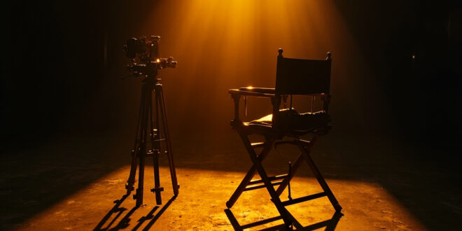 Empty director's chair beside vintage film camera on movie set with dramatic lighting