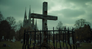 Weathered wooden cross with peeling paint behind metal fence in park cemetery setting