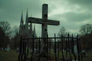 Weathered wooden cross with peeling paint behind metal fence in park cemetery setting
