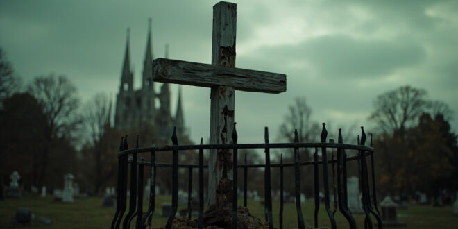 Weathered wooden cross with peeling paint behind metal fence in park cemetery setting