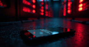 Smartphone displaying payment error notification in darkened server room with blinking red warning lights