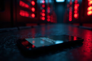 Smartphone displaying payment error notification in darkened server room with blinking red warning lights