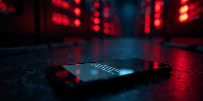 Smartphone displaying payment error notification in darkened server room with blinking red warning lights