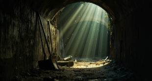 Abandoned rusty shovel leans against wall in dark underground tunnel, symbolizing escape attempts