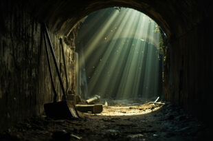 Abandoned rusty shovel leans against wall in dark underground tunnel, symbolizing escape attempts