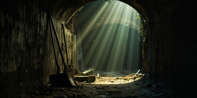Abandoned rusty shovel leans against wall in dark underground tunnel, symbolizing escape attempts