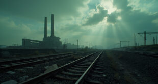 Industrial landscape with factory buildings and railway infrastructure under gray stormy sky