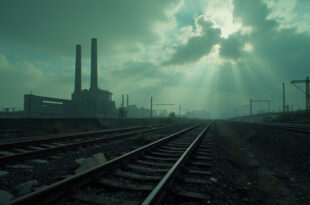 Industrial landscape with factory buildings and railway infrastructure under gray stormy sky
