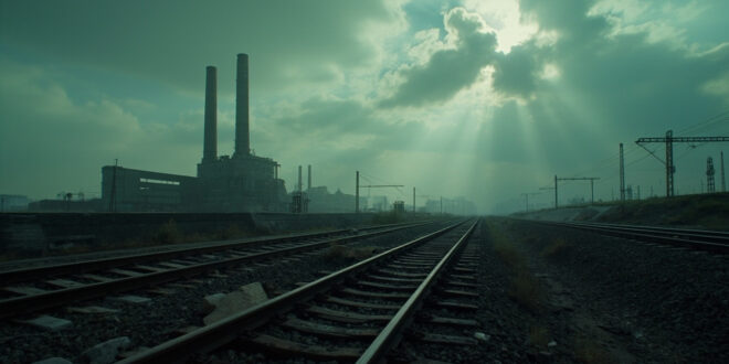 Concrete border marker in muddy industrial wasteland with abandoned factory smokestacks under stormy gray sky