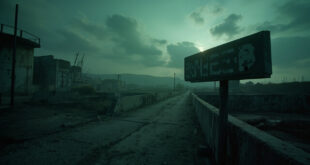 Concrete border post and abandoned checkpoint barriers in industrial landscape with overcast sky