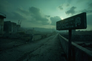 Concrete border post and abandoned checkpoint barriers in industrial landscape with overcast sky
