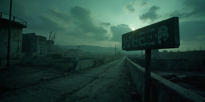 Concrete border post and abandoned checkpoint barriers in industrial landscape with overcast sky