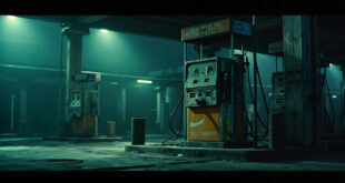 Empty fuel pumps at abandoned gas station with warning signs and industrial damage in background