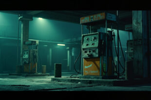 Empty fuel pumps at abandoned gas station with warning signs and industrial damage in background