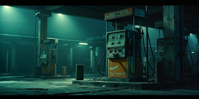 Empty fuel pumps at abandoned gas station with warning signs and industrial damage in background