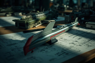 Cruise missiles and military blueprints spread across strategic planning table in dimly lit command center