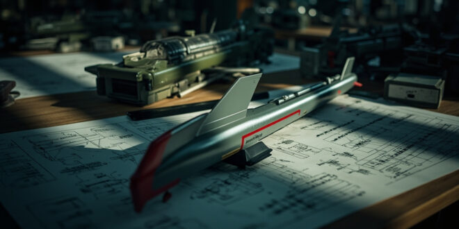 Cruise missiles and military blueprints spread across strategic planning table in dimly lit command center