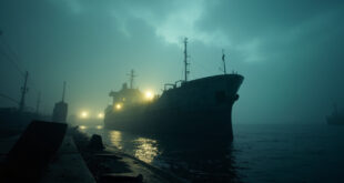 Unmarked oil tanker sits abandoned in foggy waters of an empty industrial harbor at dawn
