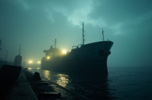 Unmarked oil tanker sits abandoned in foggy waters of an empty industrial harbor at dawn