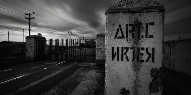 Concrete border post standing in barren landscape with defensive barriers and industrial smokestacks in distance