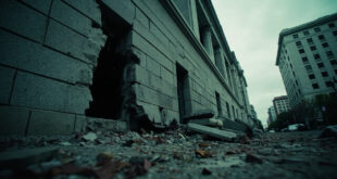 Severely damaged multi-story building facade with shattered windows and debris scattered on empty street below