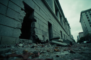 Severely damaged multi-story building facade with shattered windows and debris scattered on empty street below