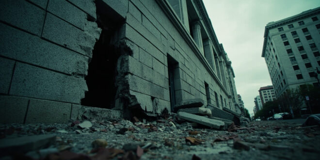 Severely damaged multi-story building facade with shattered windows and debris scattered on empty street below