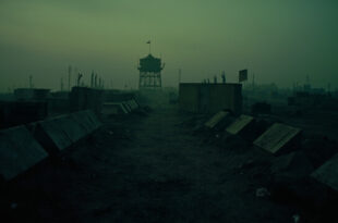 Concrete anti-tank barriers and watchtower at abandoned military checkpoint in industrial border region