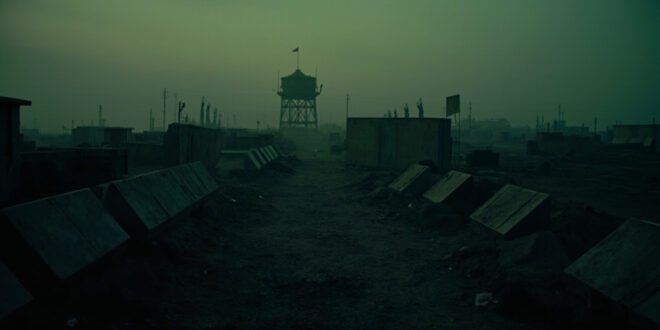 Concrete anti-tank barriers and watchtower at abandoned military checkpoint in industrial border region