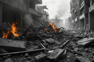Scattered concrete debris and twisted metal from destroyed residential building with emergency vehicles nearby