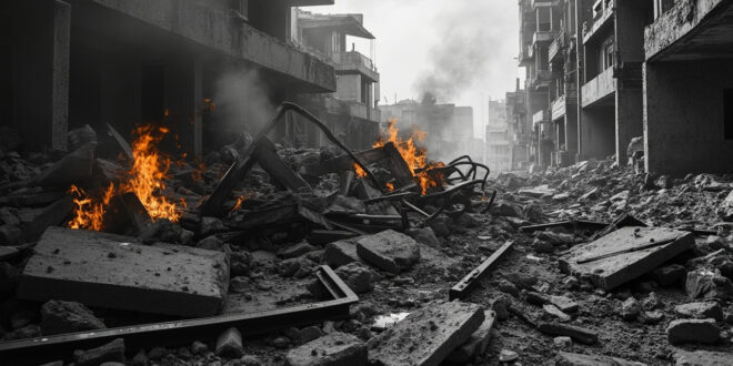 Scattered concrete debris and twisted metal from destroyed residential building with emergency vehicles nearby