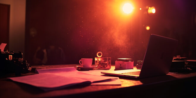 Empty writer's desk with typewriter, closed laptop and scattered script pages in a quiet television studio after hours