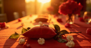 Elegant wedding reception table with red roses centerpiece and rings on silk cushion, bathed in twilight at venue