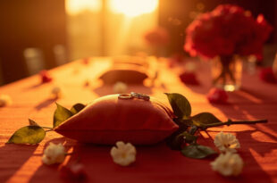 Elegant wedding reception table with red roses centerpiece and rings on silk cushion, bathed in twilight at venue