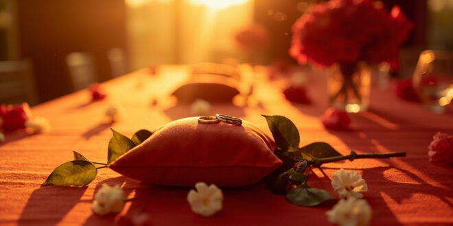 Elegant wedding reception table with red roses centerpiece and rings on silk cushion, bathed in twilight at venue