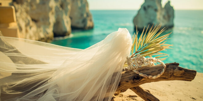 White bridal veil and accessories arranged on weathered driftwood against turquoise ocean backdrop in Cabo.