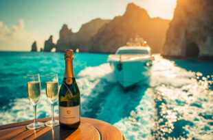 Luxury yacht on turquoise waters near Cabo coastline with champagne setup on deck
