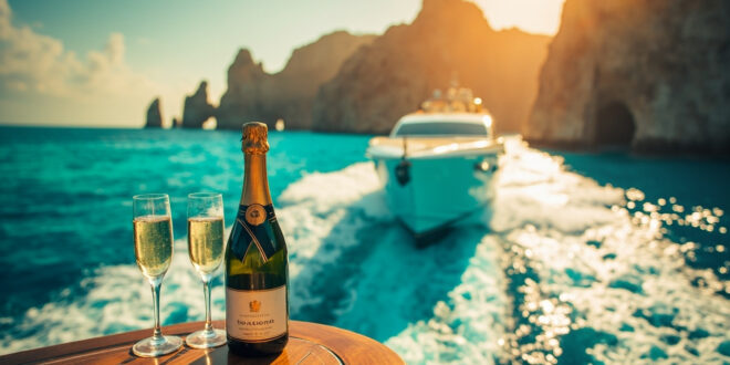 Luxury yacht on turquoise waters near Cabo coastline with champagne setup on deck