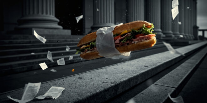 A submarine sandwich suspended in air above scattered legal documents near courthouse columns.
