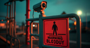 Empty playground with warning signs at a deserted amusement park at dusk, abandoned security camera looming overhead