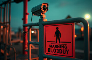 Empty playground with warning signs at a deserted amusement park at dusk, abandoned security camera looming overhead
