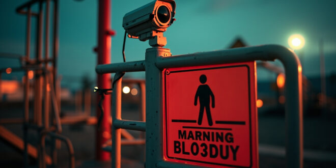 Empty playground with warning signs at a deserted amusement park at dusk, abandoned security camera looming overhead
