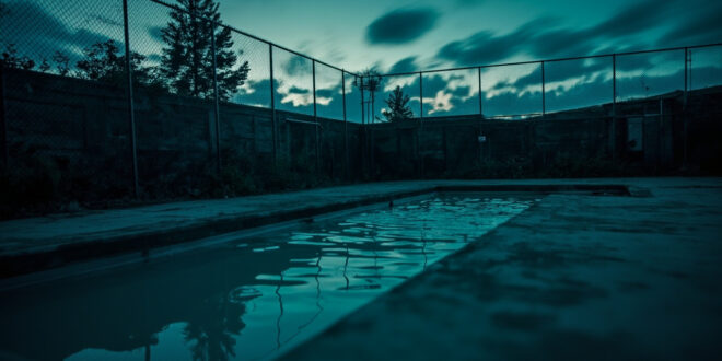 Empty outdoor swimming pool surrounded by metal fencing and warning barriers at twilight