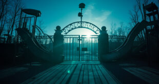 Abandoned security camera overlooking empty playground equipment at a deserted theme park entrance in dusk's cold blue light