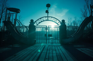Abandoned security camera overlooking empty playground equipment at a deserted theme park entrance in dusk's cold blue light
