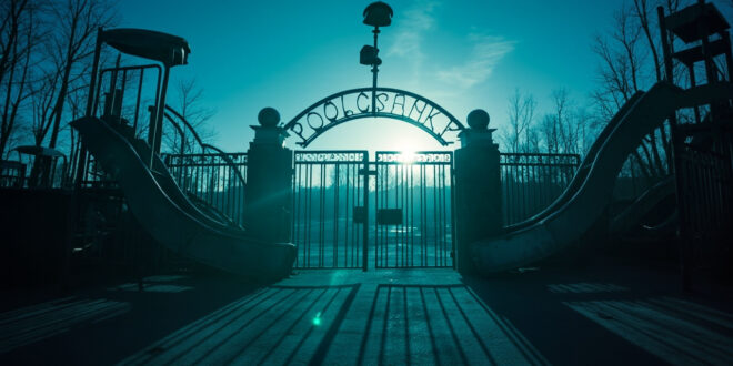 Abandoned security camera overlooking empty playground equipment at a deserted theme park entrance in dusk's cold blue light